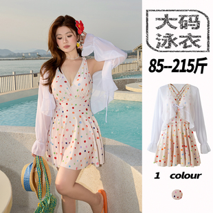 女 性感大胸钢圈微胖女士遮肉波点泳装 泡温泉泳衣大码 胖mm连体裙式