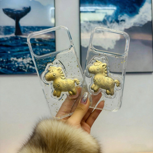 适用苹果iPhone17Pro手机壳马上有钱透明超薄3D立体金箔马年开运17ProMax保护套全包个性卡通16Pro壳15套软13