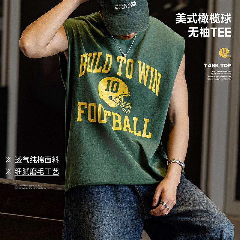 MRA男装美式橄榄球无袖T恤纯棉磨毛背心运动健身坎肩印花老头衫夏