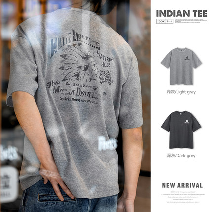 MRA男装美式复古印第安印花t恤宽松半袖重磅深灰色民族风短袖男夏