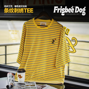 T恤250g宽松落肩撞色tee半袖 潮夏 螺纹腊肠狗刺绣条纹短袖 MRA男装