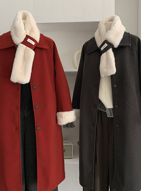 翻领单排扣配毛毛围脖长袖夹棉加厚长款毛呢外套大衣