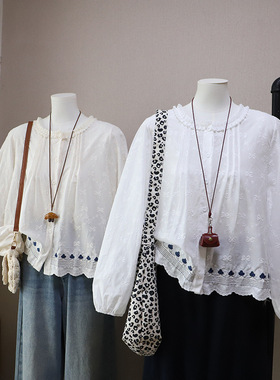 []早春新款韩版甜美减龄刺绣压褶显瘦泡泡长袖衬衫女