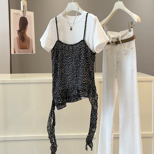 夏新款豹纹吊带短袖叠穿两件套