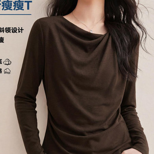 显瘦上衣 小衫 气质咖色斜荡领不规则恤女春秋设计感收腰修身 长袖