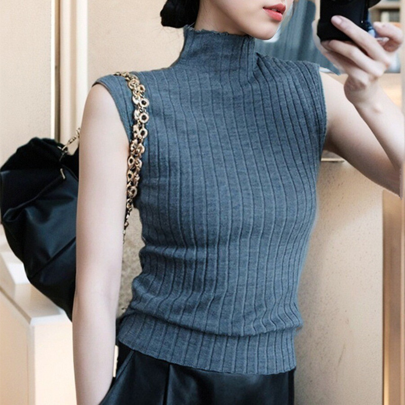 外穿无袖半高领冬针织打底背心女