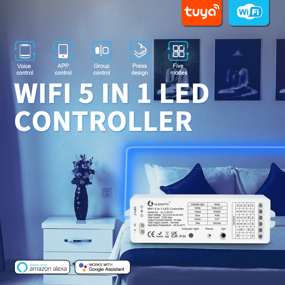 GL-C-001W WIFI五合一RGBCW LED灯带点光源模组区块 控制器驱动5A