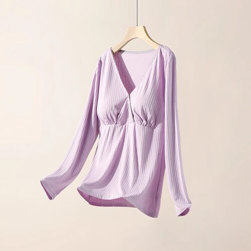 新款莫代尔坑条交叉暗扣哺乳宽松月子服孕妇装长袖大码家居服睡衣