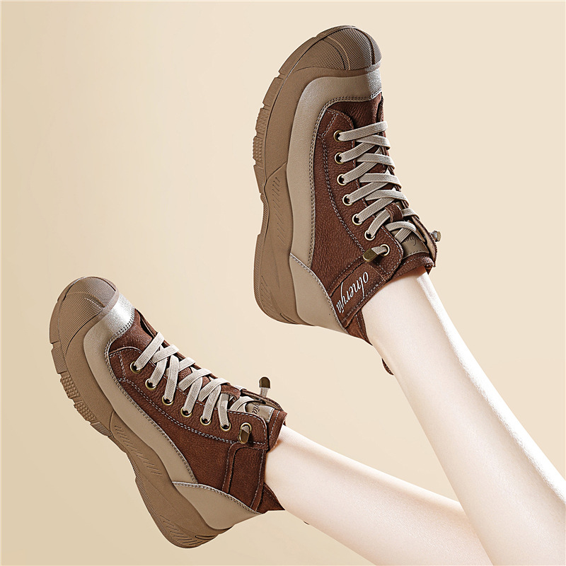 真皮高帮厚底2025秋冬新款一脚蹬女鞋休闲运动圆头系带女款工装鞋