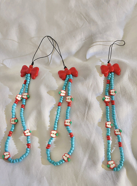 ins风蝴蝶结红苹果手机链网红同款手机壳ccd挂绳电话绳挂件挂饰女