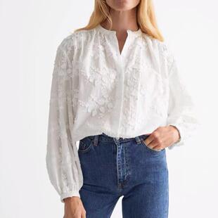 法式小众文艺复古立体刺绣花朵纯棉长袖衬衫白色圆领宽松排扣上衣