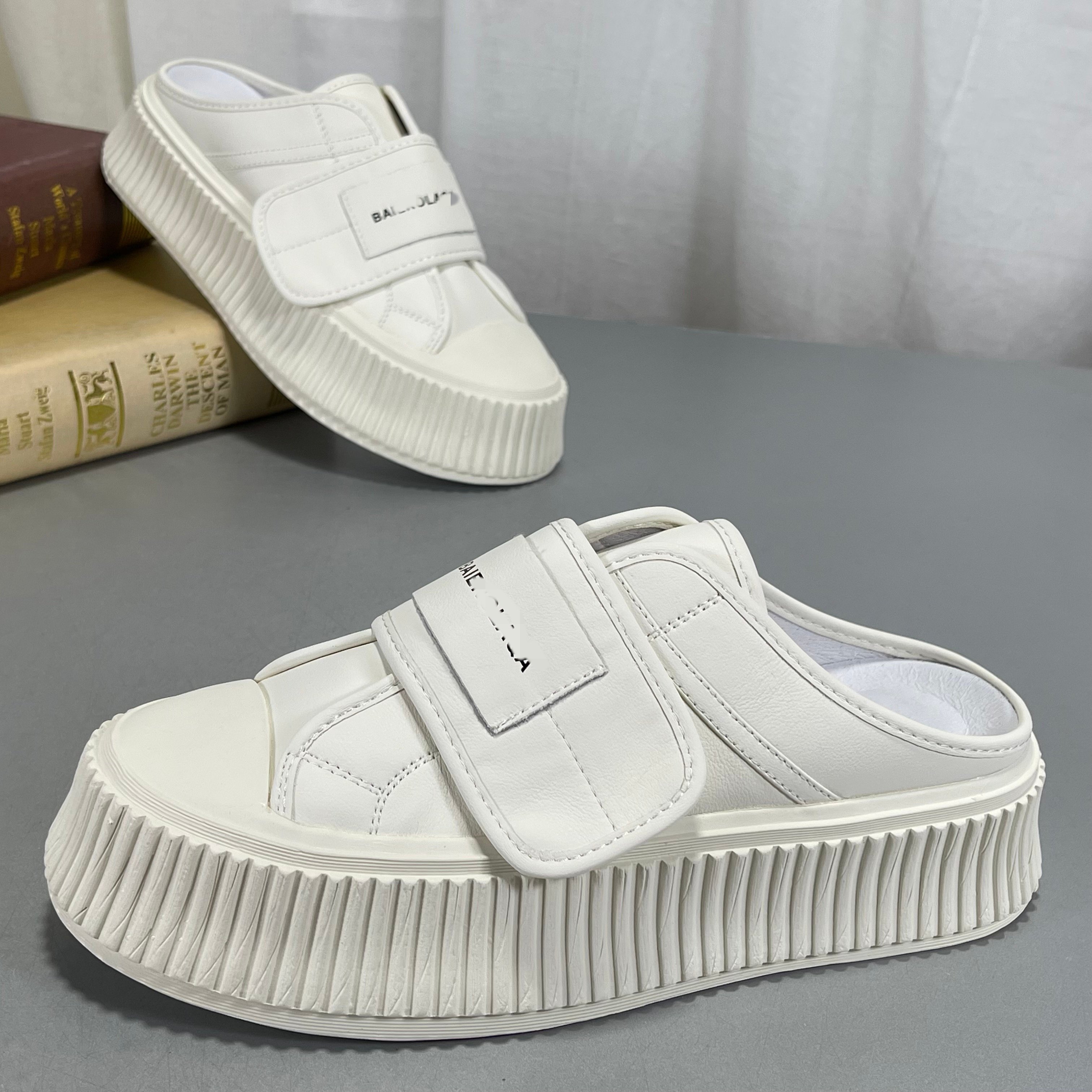 牛皮白鞋厚底魔术贴一脚蹬懒人鞋半拖2026春夏小白鞋女百搭半拖鞋,女鞋,其他拖鞋,淘宝优惠券,粉丝福利购,淘宝优惠卷