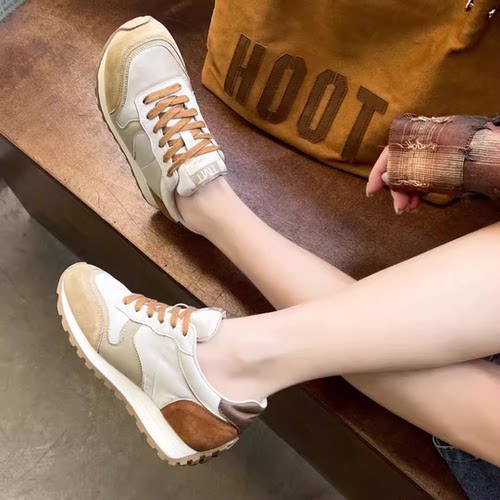 真皮德训鞋女拼色复古慢跑阿甘鞋2024春秋新款软底舒适休闲运动鞋