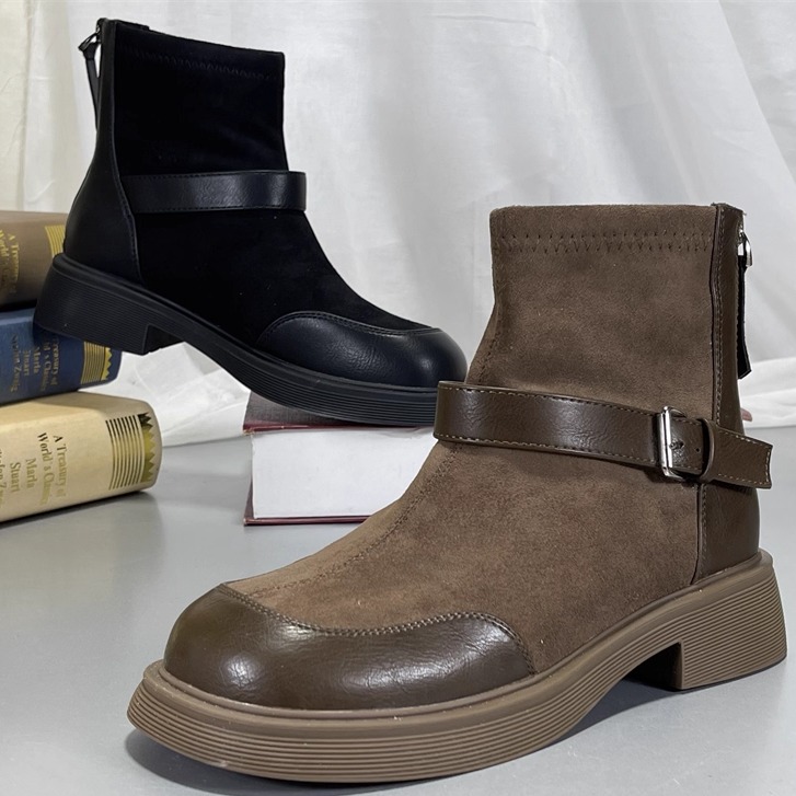 专柜正品真皮切尔西靴女冬季粗跟复古户外时装靴短筒西部靴短筒靴
