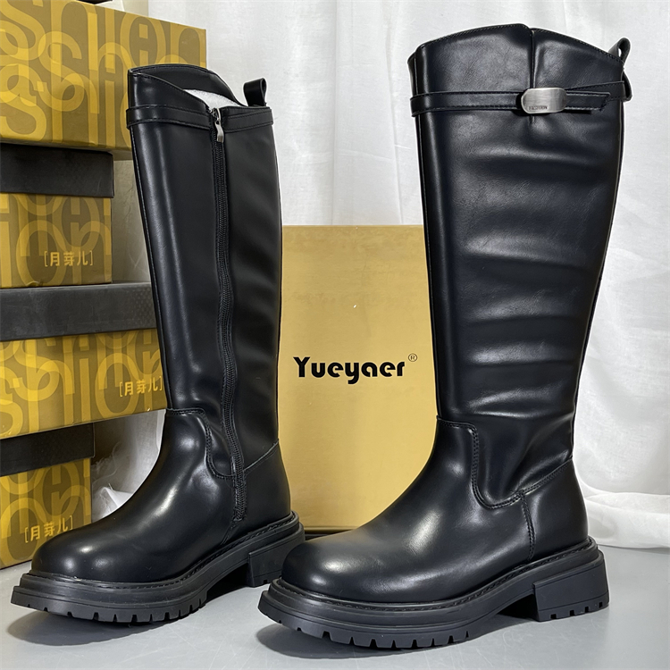 月芽儿加绒牛皮冬季靴子长筒靴女显瘦百搭小个子不过膝高筒骑士靴
