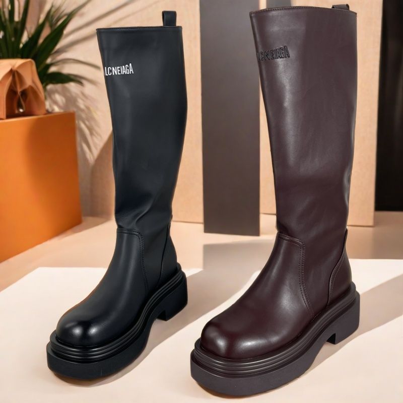 品牌撤柜真皮厚底长筒靴女2024秋冬不过膝长靴粗跟复古高筒骑士靴