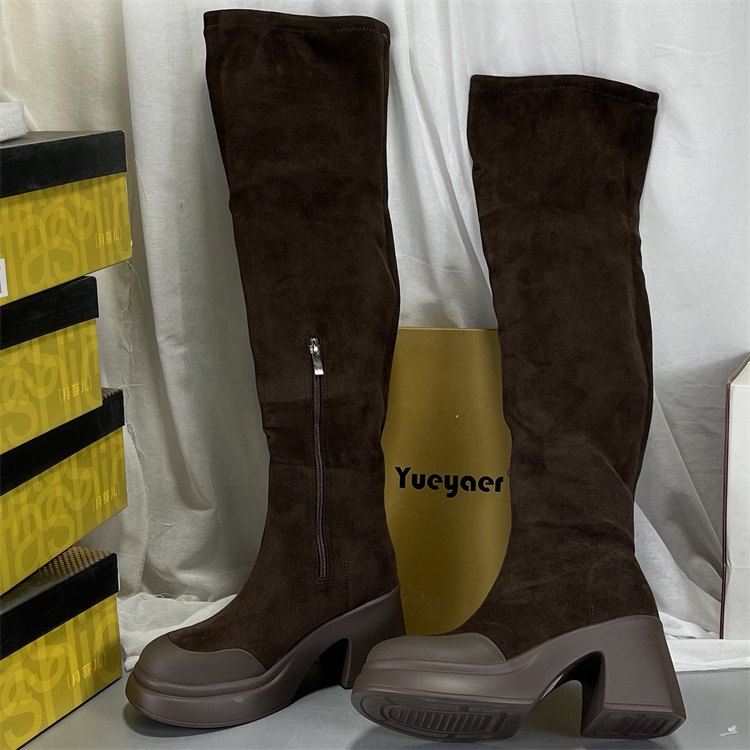 月芽儿真皮过膝靴复古长筒棉靴秋冬季新款高筒厚底增高弹力瘦瘦靴