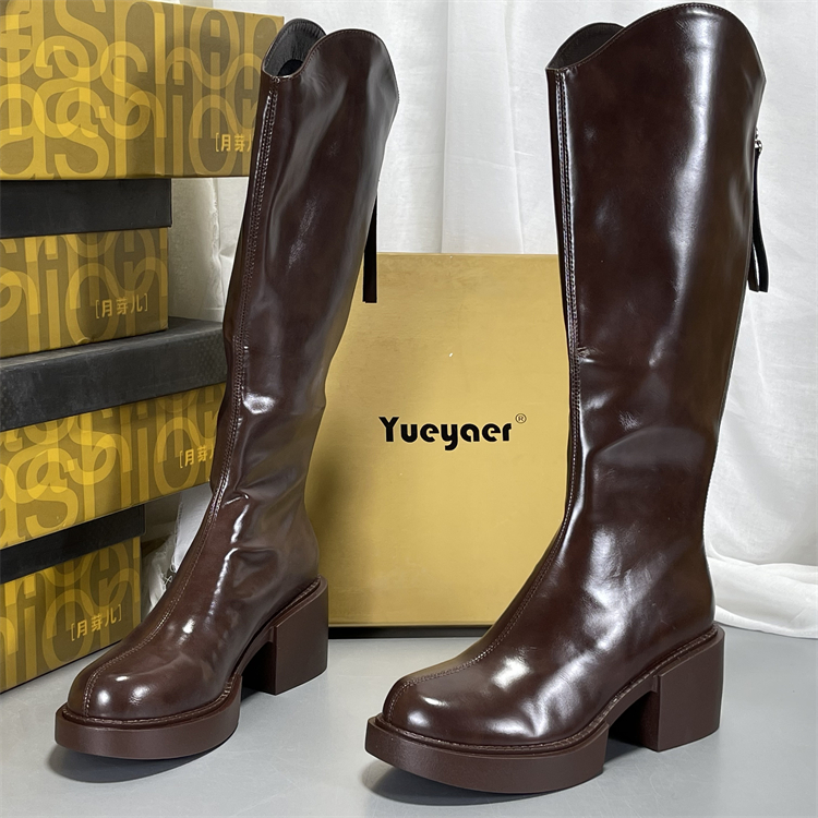 月芽儿真皮粗跟骑士靴女不过膝长靴2025新款秋冬加绒显腿长筒靴子