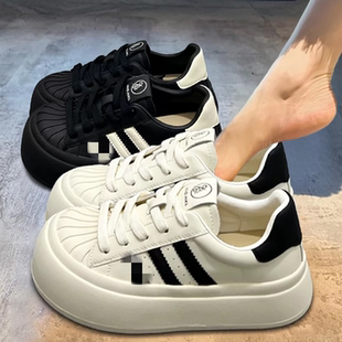 休闲松糕板鞋 真皮贝壳头厚底小白鞋 丑萌大头面包鞋 新款 女2025春季