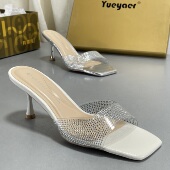 凉鞋 月芽儿2026新款 露趾方头水钻银色漆皮一字拖女性感细跟高跟鞋