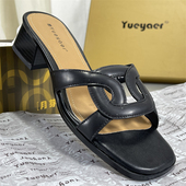 女外穿百搭气质方头露趾凉鞋 月芽儿法式 真皮牛皮粗跟一字带凉拖鞋