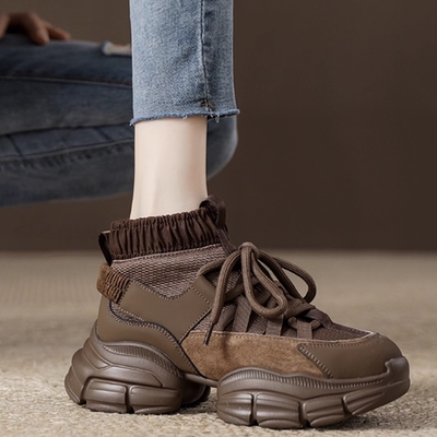 专柜正品真皮老爹鞋女运动鞋2025秋冬厚底增高休闲高帮鞋女马丁靴