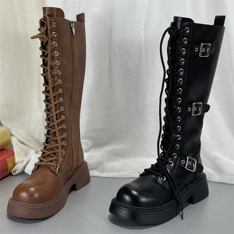 品牌尾单复古厚底西部靴女2025秋冬新款长筒靴牛仔风马丁靴骑士靴