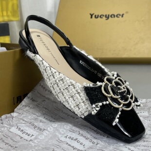 月芽儿真皮优雅低跟方头包头凉鞋女夏2026新款时尚后空中跟凉鞋