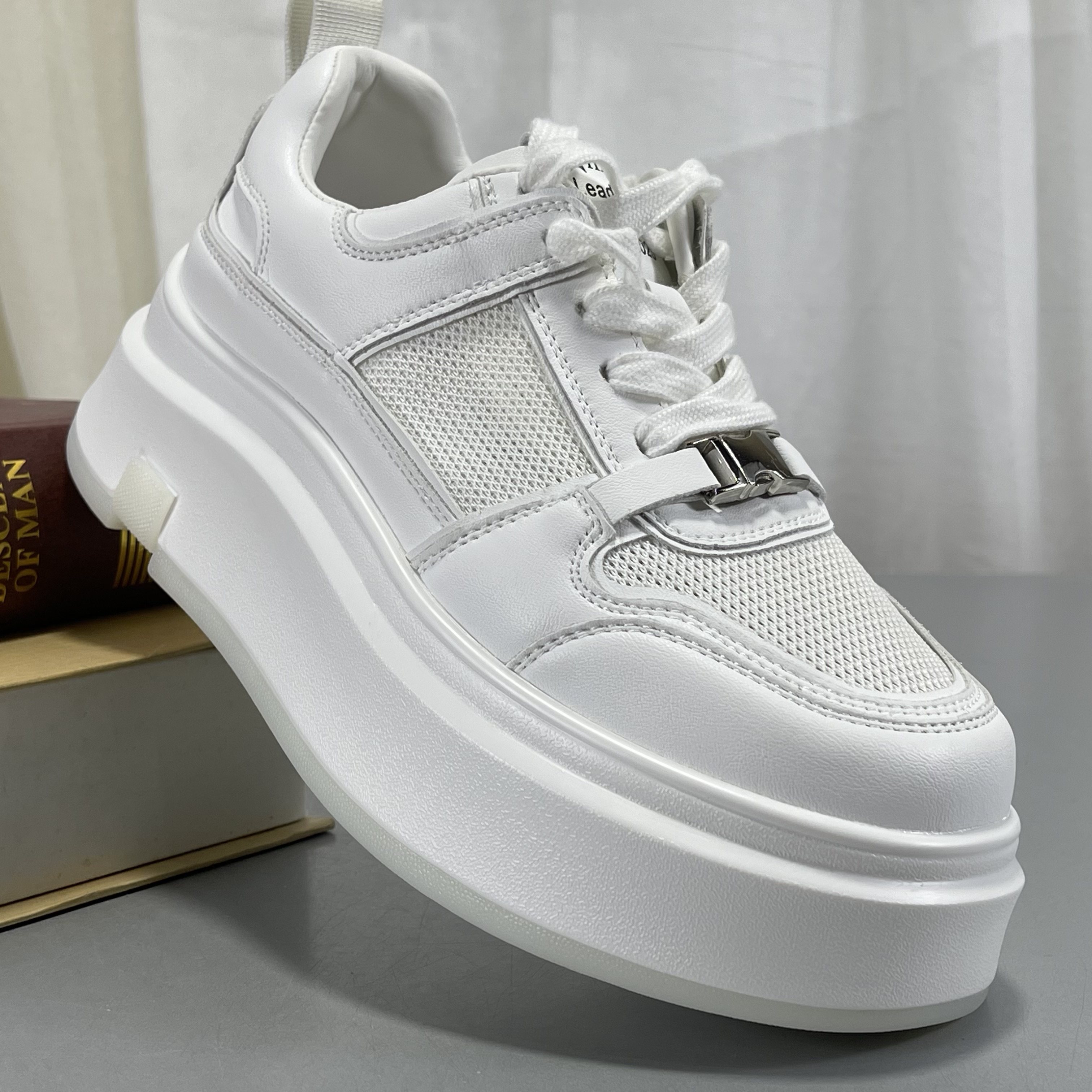 牛皮版松糕鞋女2026新款时尚百搭厚底板鞋真皮拼接网面透气小白鞋,女鞋,时尚休闲鞋,淘宝优惠券,粉丝福利购,淘宝优惠卷