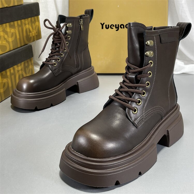 月芽儿棕色复古马丁靴女英伦2025秋冬厚底增高短靴真皮户外工装靴
