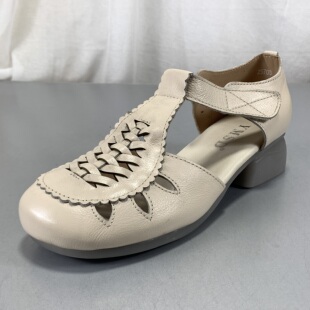 2026春新款头层牛皮镂空包头罗马凉鞋编织舒适透气夏季低跟洞洞鞋