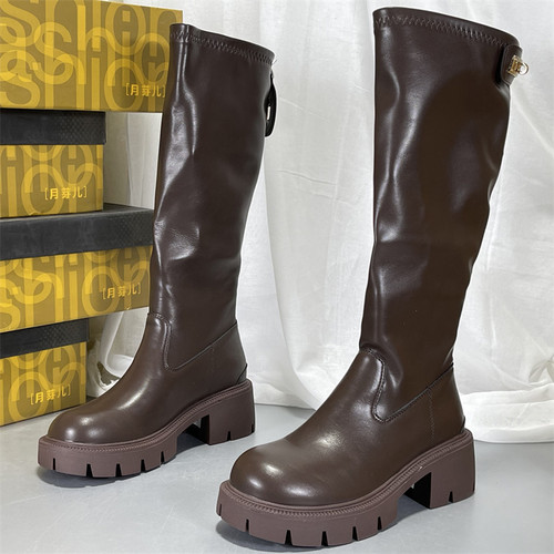 专柜正品月牙儿骑士靴女2025秋冬加绒后拉链粗跟不过膝长筒靴显瘦