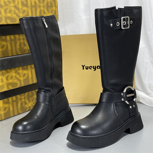 月芽儿真皮厚底粗跟厚加绒圆头骑士靴女英伦风复古侧拉链长筒靴子
