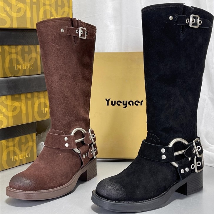 月芽儿正品牛皮靴女鞋秋冬百搭圆头粗跟靴子高筒机车西部靴骑士靴
