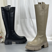 专柜正品 牛皮长筒靴骑士靴不过膝厚底真皮显瘦厚底复古高筒靴女子