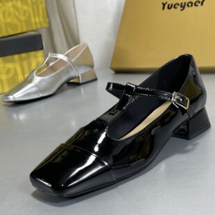 月芽儿羊漆皮法式复古真皮方头玛丽珍鞋2026春秋款平底低跟单鞋女