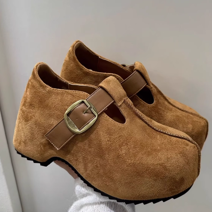 复古真皮内增高勃肯鞋女棉鞋加绒2025秋冬时尚厚底休闲豆豆乐福鞋