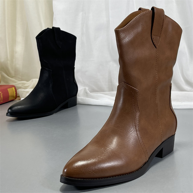 品牌真皮西部牛仔靴女2025秋新款复古尖头中筒靴套筒V口粗跟短靴,女鞋,马丁靴,淘宝优惠券,粉丝福利购,淘宝优惠卷