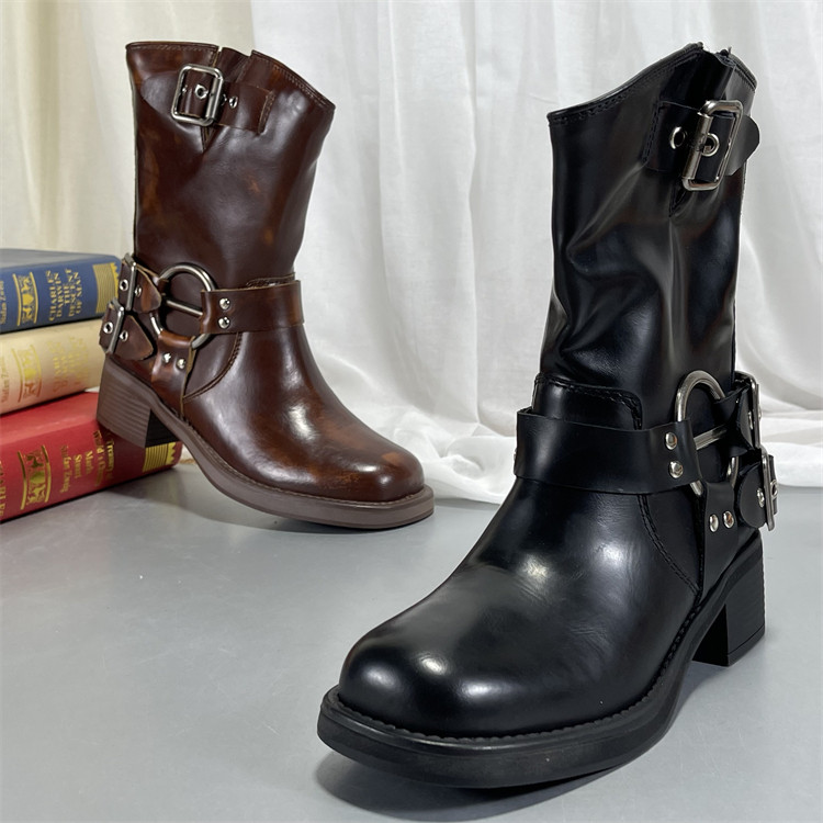 头层牛皮复古西部牛仔靴子女中筒靴皮带扣马丁靴套筒粗跟骑士靴子