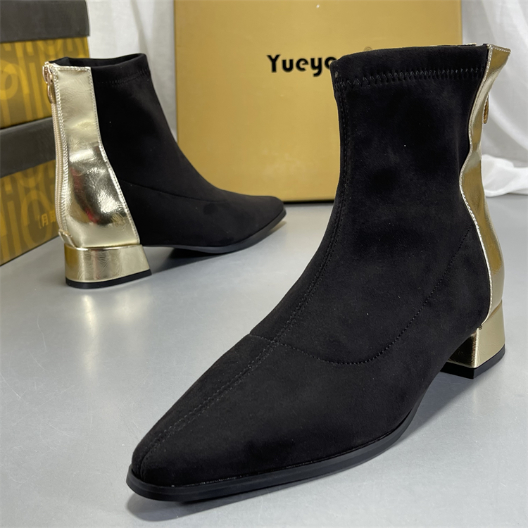 月芽儿正品加绒短靴女切尔西靴尖头秋冬磨砂羊皮中低跟百搭瘦瘦靴