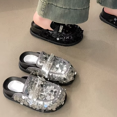 弹性厚底包头拖鞋女外穿2025新款真皮一脚蹬亮片勃肯穆勒懒人半拖