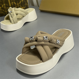 月芽儿真皮厚底拖鞋女2026新款夏季小个子增高女鞋一字拖沙滩凉鞋