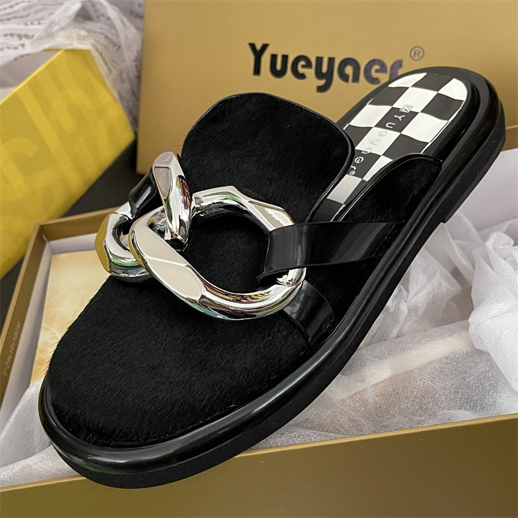 胎牛皮马毛复古包头半拖鞋女夏季新款英伦风真皮休闲夏季穆勒鞋女