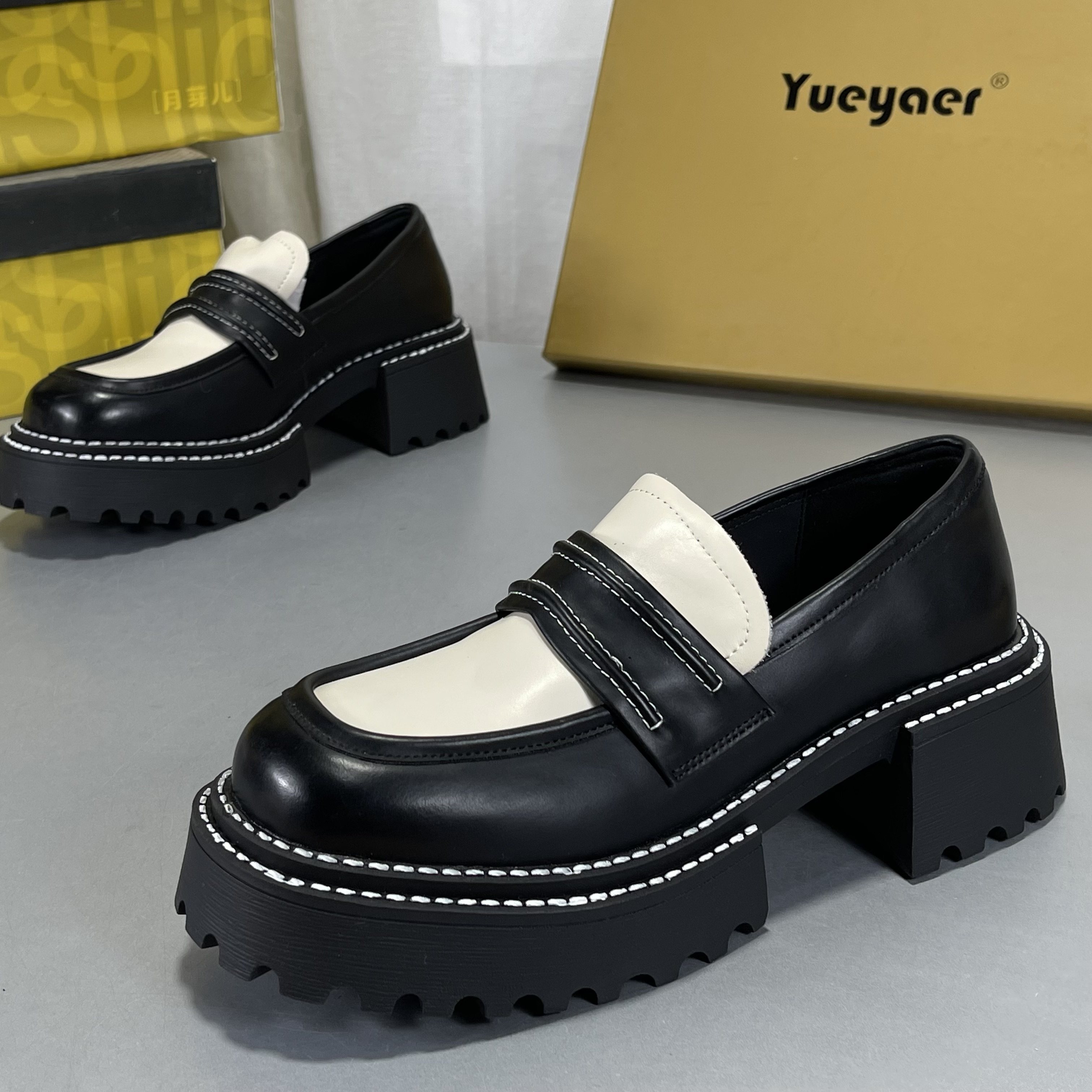 月芽儿正品专柜牛皮玛丽珍鞋一脚蹬拼色复古厚底圆头粗跟乐福鞋女,女鞋,乐福鞋（豆豆鞋）,淘宝优惠券,粉丝福利购,淘宝优惠卷