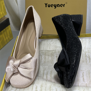 月芽儿玛丽珍鞋女2026春款配裙子浅口单鞋女仙女风蝴蝶结粗跟女鞋