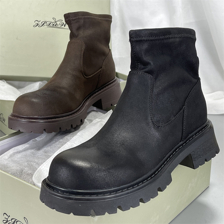 厚底粗跟加绒短靴女弹力瘦瘦靴2025秋冬马丁靴弹力真皮百搭女靴子
