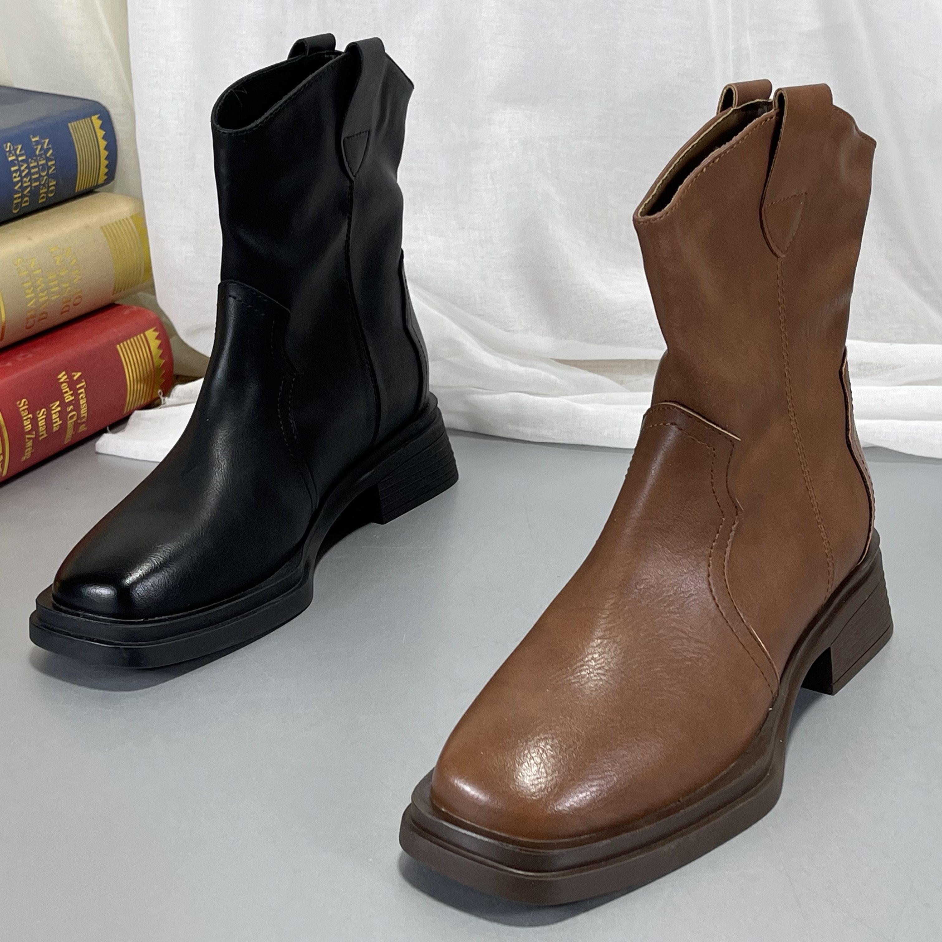 真皮法式复古方头小踝靴英伦风马丁靴加绒厚底低跟切尔西小短靴子,女鞋,马丁靴,淘宝优惠券,粉丝福利购,淘宝优惠卷