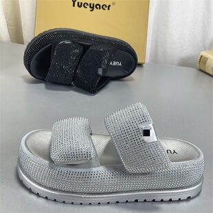 仙女风一字拖魔术贴沙滩凉鞋 月芽儿羊皮厚底水钻凉拖鞋 夏2026新款