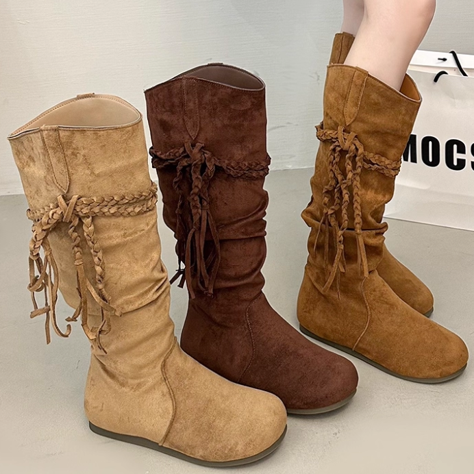 流苏长靴女2025新款骑士靴复古废土风软底不过膝长筒靴堆堆高筒靴