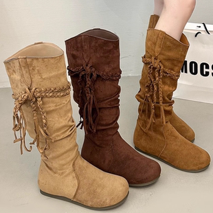 流苏长靴女2025新款 骑士靴复古废土风软底不过膝长筒靴堆堆高筒靴